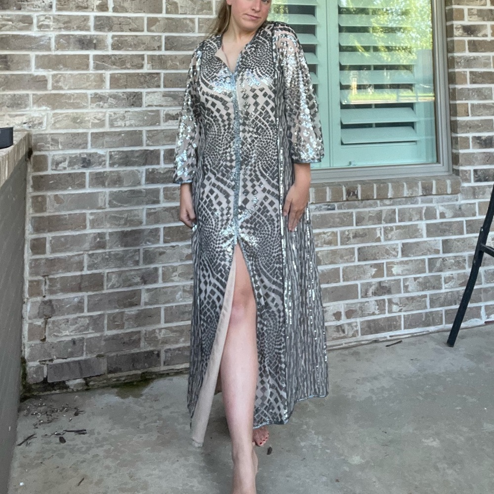 FREE PEOPLE x Anna Sui NWT Sequin Knit Silver Nude Maxi Dress Kaftan Size P (M)